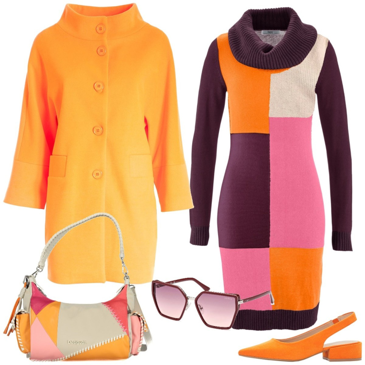 Outfit donna - Geometrie. Stile Trendy per Tutti i giorni. Abbinamento con décolleté, vestiti midi/longuette, cappotti, borse a spalla, occhiali da sole.