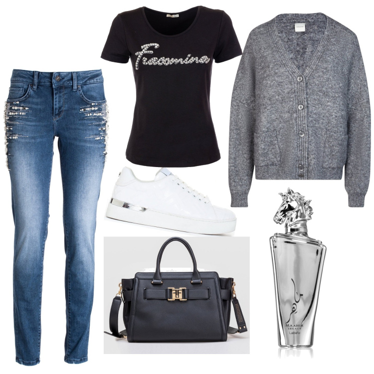 Outfit donna - Pronta in un secondo. Stile Casual chic per Tutti i giorni. Abbinamento con profumi, jeans skinny, sneakers, t-shirt, borse tote, cardigans.