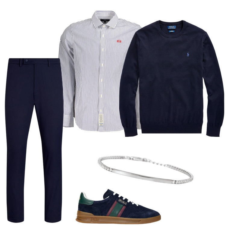 Outfit uomo - In blu per il pranzo insieme. Stile Casual per Tutti i giorni. Abbinamento con braccialetti, maglieria, sneakers, pantaloni, camicie.