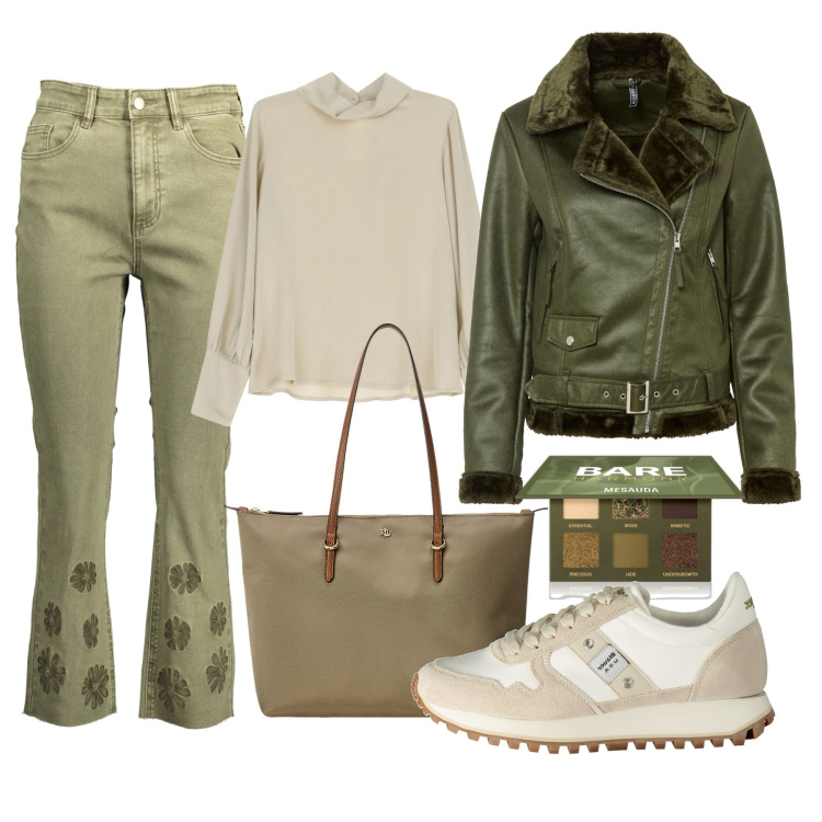Outfit donna - Sfumature di verde. Stile Trendy per Tutti i giorni. Abbinamento con blazer, ombretti, borse tote, camicie, sneakers, jeans.