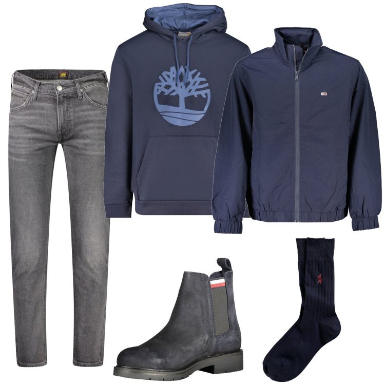 Outfit uomo - Total look #1976521. Stile Casual per Tutti i giorni. Abbinamento con calzini, giacche, felpe con cappuccio, stivali, jeans dritti.