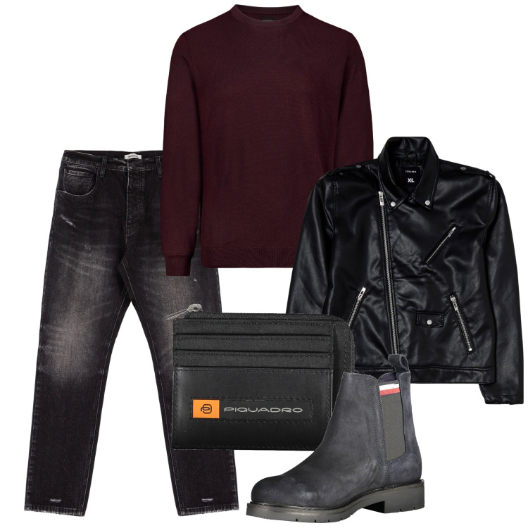 Outfit uomo - Rock skin. Stile Biker Rock per Serata speciale. Abbinamento con giacche, jeans slim fit, maglieria, stivali, portafogli.