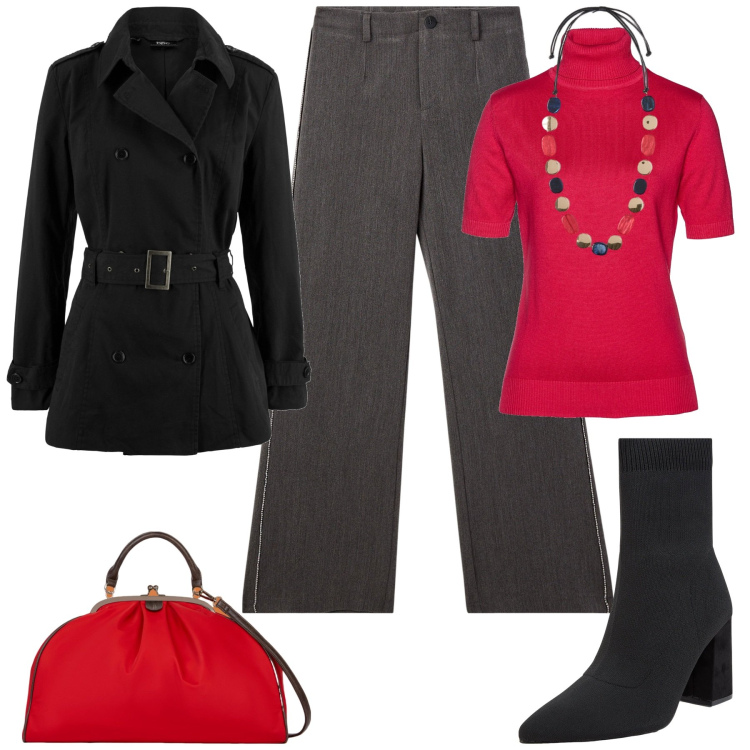 Outfit donna - Accessori statement. Stile Casual chic per Tutti i giorni. Abbinamento con maglieria, trench, pantaloni, stivaletti, collane, borse a spalla.