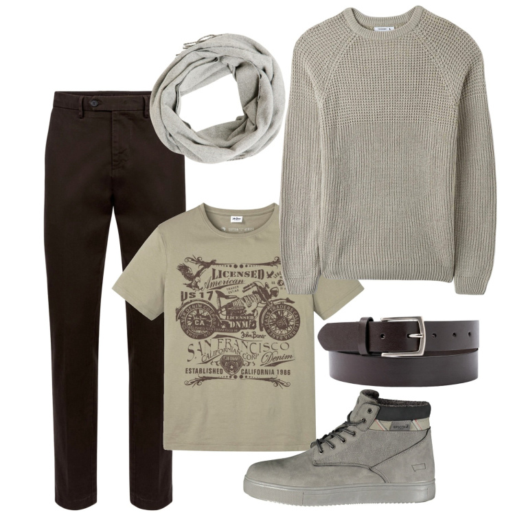Outfit uomo - Maglieria chunky. Stile Trendy per Tutti i giorni. Abbinamento con t-shirt, sciarpe, maglieria, cinture, pantaloni chino, stivali.
