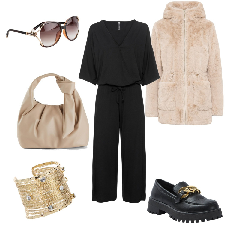 Outfit donna - Accessori glamour. Stile Casual chic per Serata fuori. Abbinamento con tute, ecopellicce, borse a mano, occhiali da sole, mocassini, braccialetti.