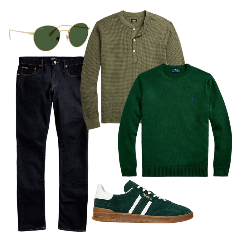 Outfit uomo - Casual green. Stile Casual per Tutti i giorni. Abbinamento con jeans, sneakers, maglieria, t-shirt, occhiali da sole.
