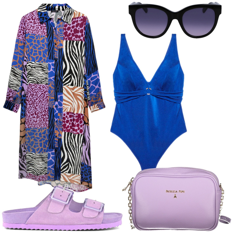 Outfit donna - A casa del mare. Stile Casual chic per Tutti i giorni. Abbinamento con sandali, costumi interi, vestiti chemisier, occhiali da sole, borse a tracolla.