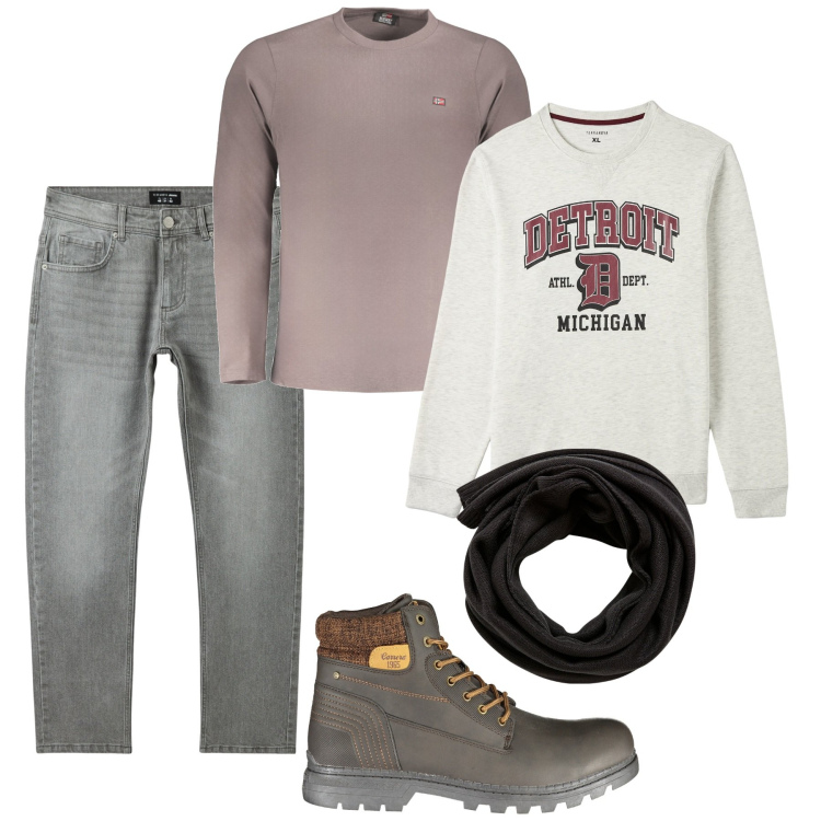 Outfit uomo - Toni cipriati. Stile Urban per Tutti i giorni. Abbinamento con sciarpe, felpe, jeans, t-shirt, stivali.