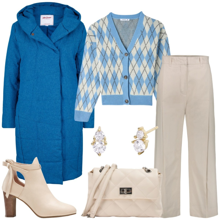 Outfit donna - Losanghe. Stile Casual per Tutti i giorni. Abbinamento con stivaletti, cappotti, cardigans, borse a spalla, orecchini, pantaloni.