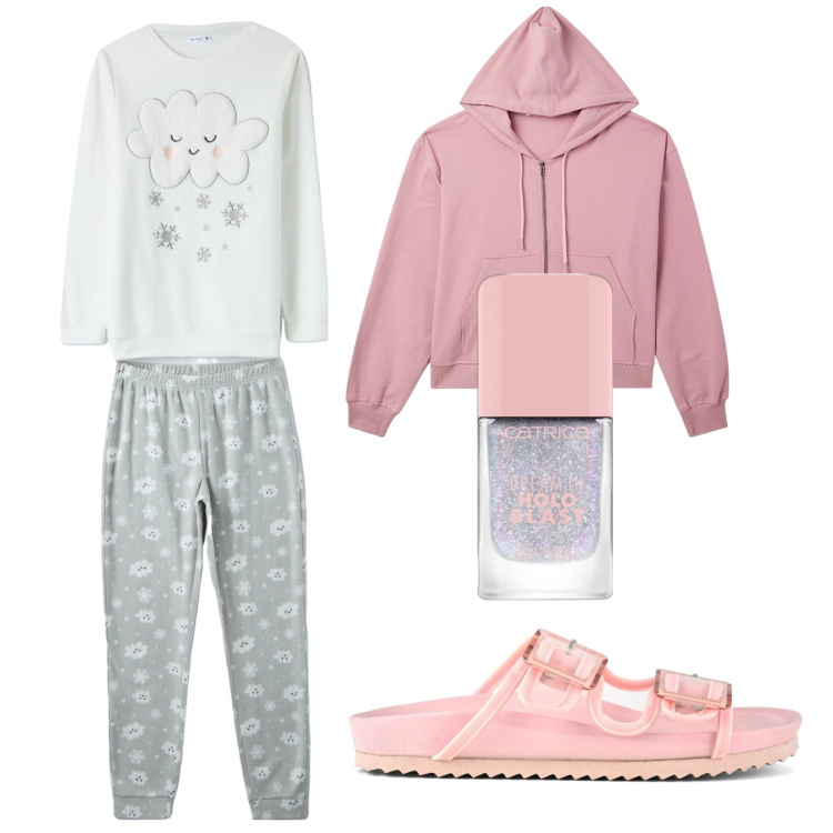 Outfit donna - My night. Stile Casual per Tutti i giorni. Abbinamento con smalti, pigiama, felpe con cappuccio, sandali.