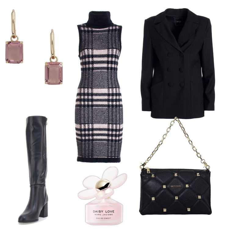 Outfit donna - Con stile. Stile Casual chic per Ufficio. Abbinamento con profumi, vestiti senza maniche, blazer, borse a spalla, orecchini, stivali.