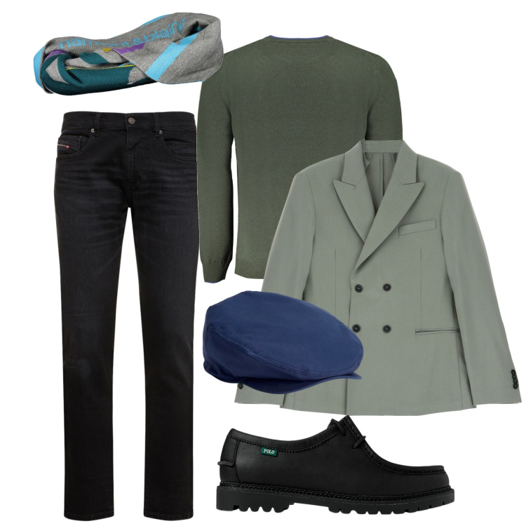 Outfit uomo - Accessori a contrasto. Stile Trendy per Tutti i giorni. Abbinamento con giacche, cappelli, scarpe stringate, jeans slim fit, sciarpe, pullovers.