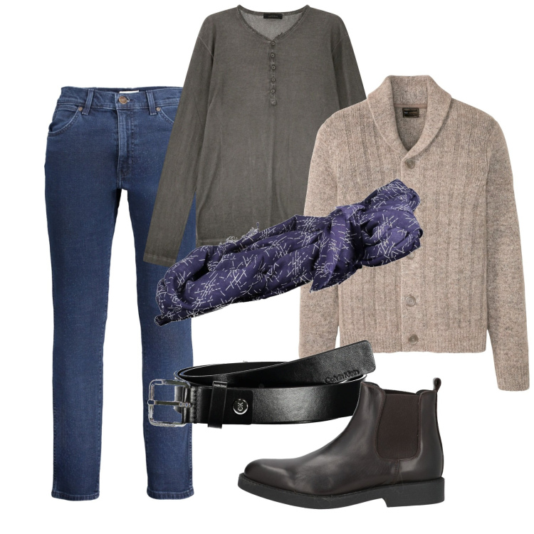 Outfit uomo - Qualcosa di british. Stile Casual per Tutti i giorni. Abbinamento con cardigans, stivali e stivaletti, t-shirt, cinture, jeans, sciarpe.