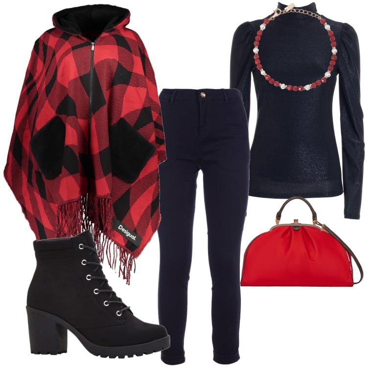 Outfit donna - Red ‘n’ black. Stile Casual per Tutti i giorni. Abbinamento con stivaletti, braccialetti, pantaloni, top, cappotti, borse a spalla.