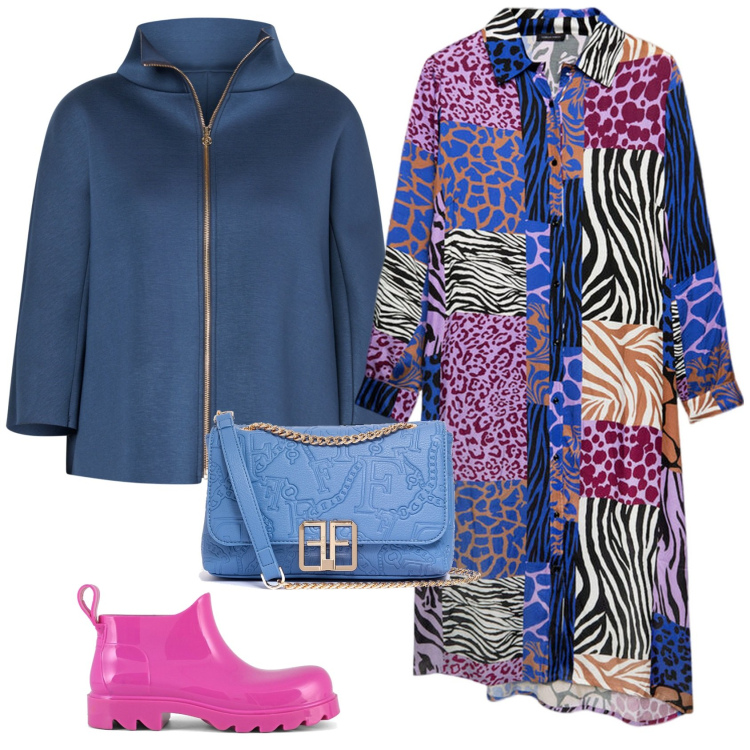Outfit donna - Blu e fucsia. Stile Glamour per Tutti i giorni. Abbinamento con cappe, borse a tracolla, stivali, vestiti chemisier.