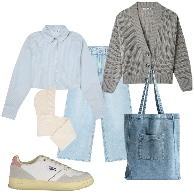 Outfit donna - I primi corsi. Stile Casual per Scuola/Università. Abbinamento con cappelli, cardigans, jeans, shopping bag, camicie, sneakers.