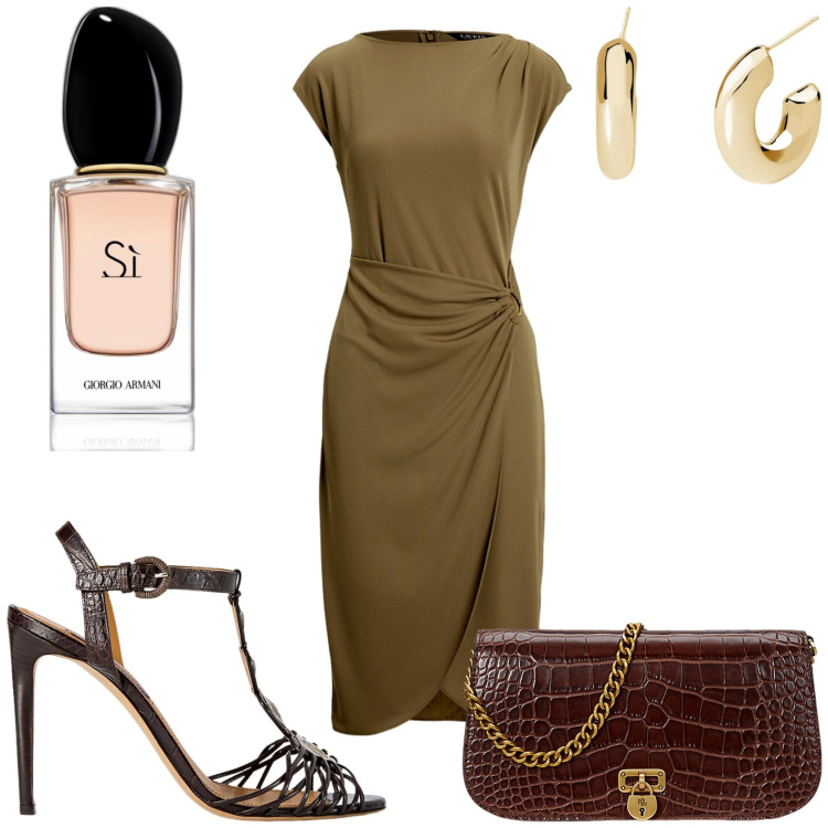 Outfit donna - Elegante per la cerimonia. Stile Chic per Cerimonia. Abbinamento con profumi, orecchini, vestiti, sandali col tacco, borse a tracolla.