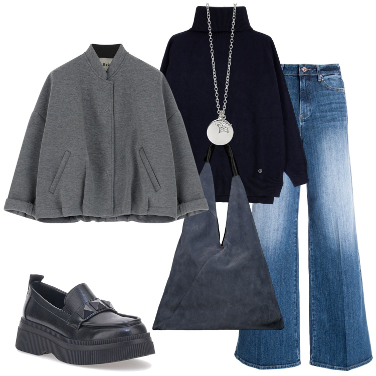 Outfit donna - My style. Stile Basic per Tutti i giorni. Abbinamento con maglieria, ciondoli, jeans, bomber, mocassini, borse a spalla.