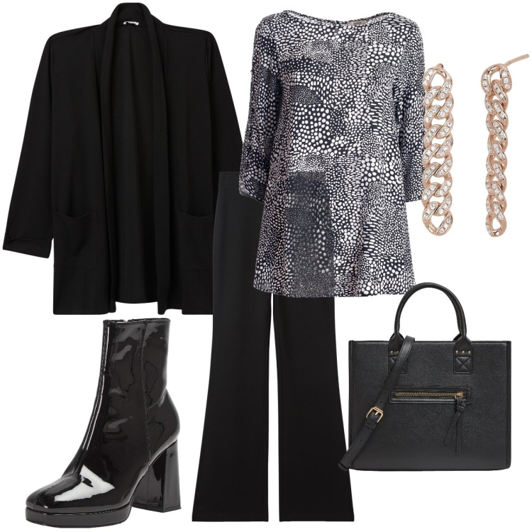 Outfit donna - Sovrapposizioni. Stile Chic per Tutti i giorni. Abbinamento con blazer, shopping bag, pantaloni, stivaletti, orecchini, bluse.