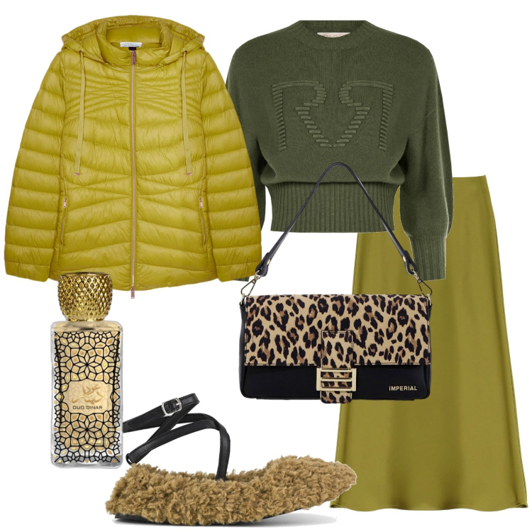 Outfit donna - Total look #1976596. Stile Casual per Tutti i giorni. Abbinamento con profumi, piumini, maglieria, gonne longuette, borse a spalla, ballerine.