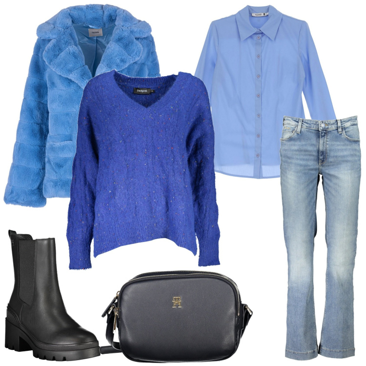 Outfit donna - Casual azzurro. Stile Casual chic per Tutti i giorni. Abbinamento con camicie, blazer, maglieria, stivali, borse a tracolla, jeans.