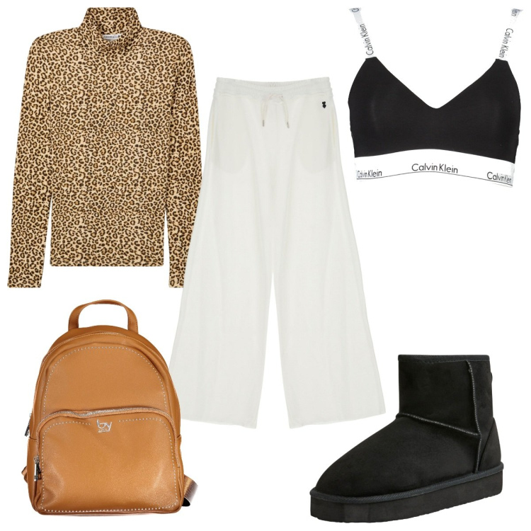 Outfit donna - Total look #1976620. Stile Trendy per Tutti i giorni. Abbinamento con t-shirt, stivali, pantaloni a palazzo, zaini, bralette.