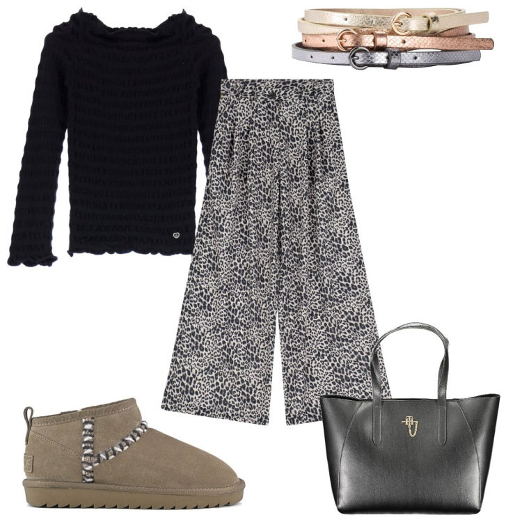 Outfit donna - Total look #1976621. Stile Trendy per Tutti i giorni. Abbinamento con cinture, pullovers, pantaloni a palazzo, stivali, borse a spalla.