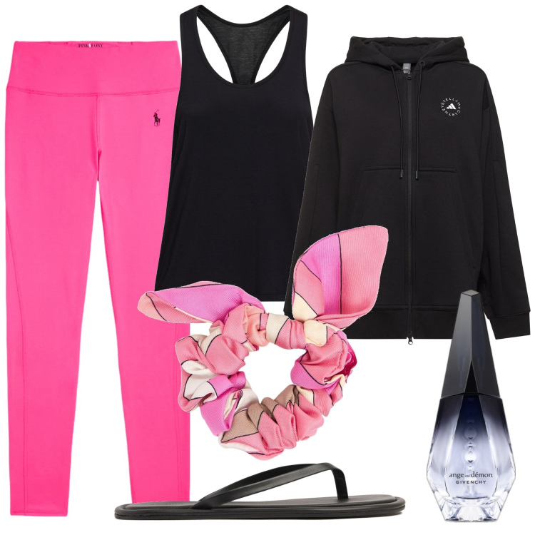 Outfit donna - Yoga del risveglio. Stile Sporty chic per Sport. Abbinamento con profumi, leggings, accessori per capelli, canottiere, felpe con cappuccio, ciabatte.