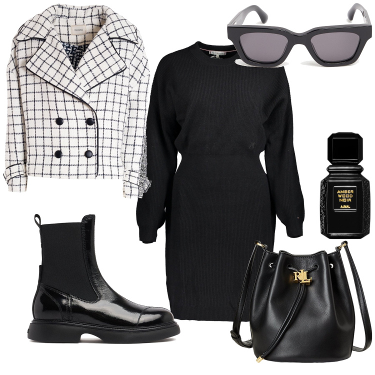 Outfit donna - Total look. Stile Urban per Tutti i giorni. Abbinamento con profumi, blazer, borse a secchiello, vestiti corti, occhiali da sole, stivaletti chelsea.
