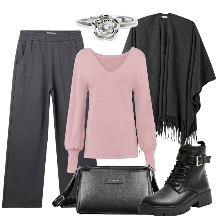 Outfit donna - Comfort al primo posto. Stile Casual chic per Tutti i giorni. Abbinamento con maglieria, anelli, cappe, pantaloni, anfibi, borse a tracolla.