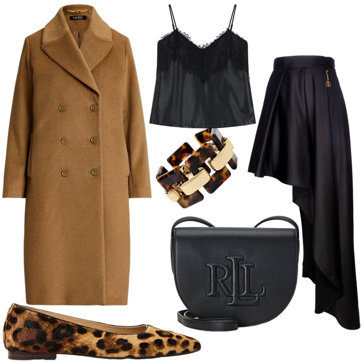 Outfit donna - Contrasti animalier. Stile Casual chic per Serata fuori. Abbinamento con gonne lunghe, top, borse a tracolla, braccialetti, ballerine, cappotti.