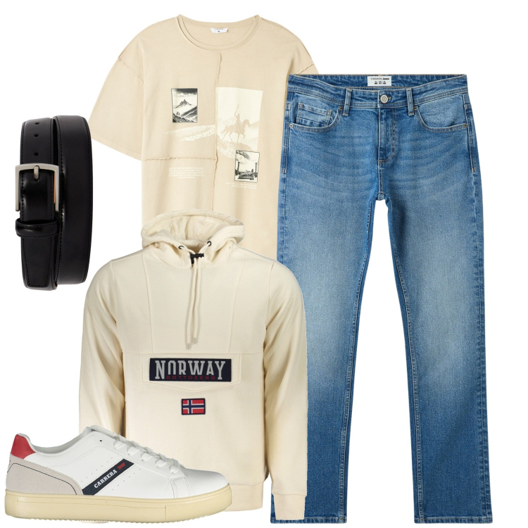 Outfit uomo - City. Stile Casual per Tutti i giorni. Abbinamento con t-shirt, jeans, felpe con cappuccio, cinture, sneakers.