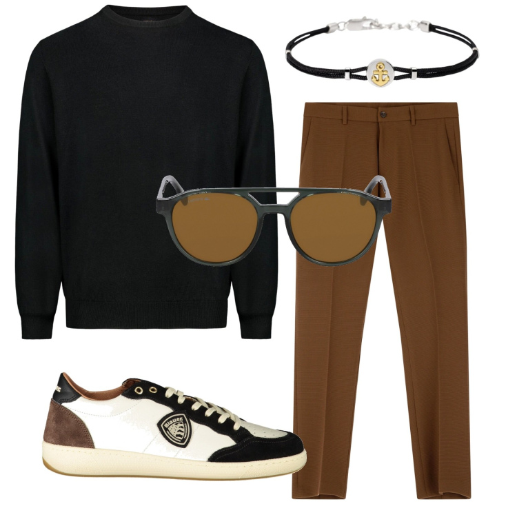 Outfit uomo - Aperitivo. Stile Trendy per Tutti i giorni. Abbinamento con braccialetti, pantaloni, maglieria, occhiali da sole, sneakers.