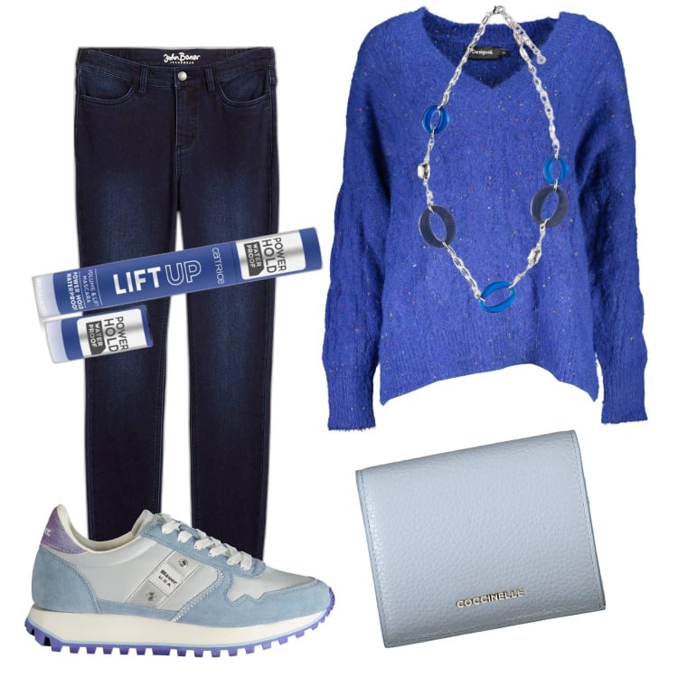 Outfit donna - Total look #1976675. Stile Casual per Tutti i giorni. Abbinamento con jeans skinny, mascara, maglieria, sneakers, portafogli, ciondoli.