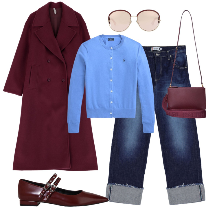 Outfit donna - Bordeaux e azzurro. Stile Trendy per Tutti i giorni. Abbinamento con occhiali da sole, jeans, cappotti, ballerine, borse a tracolla, cardigans.