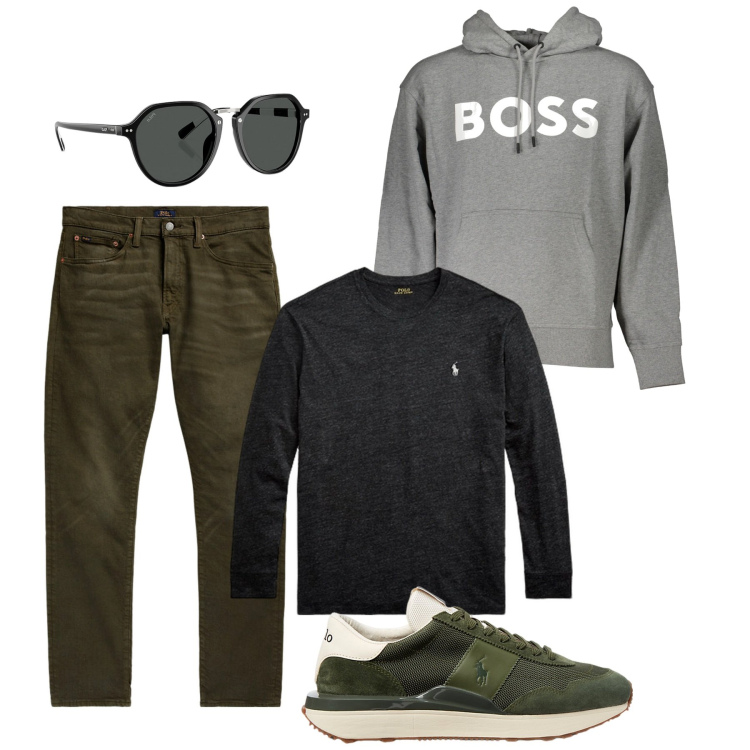Outfit uomo - Boss. Stile Urban per Tutti i giorni. Abbinamento con occhiali da sole, sneakers, jeans, t-shirt, felpe con cappuccio.