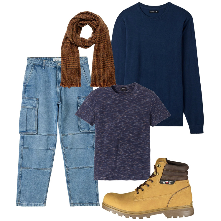 Outfit uomo - Total blu e sciarpa tabacco. Stile Urban per Tutti i giorni. Abbinamento con t-shirt, jeans, maglieria, sciarpe, stivali.