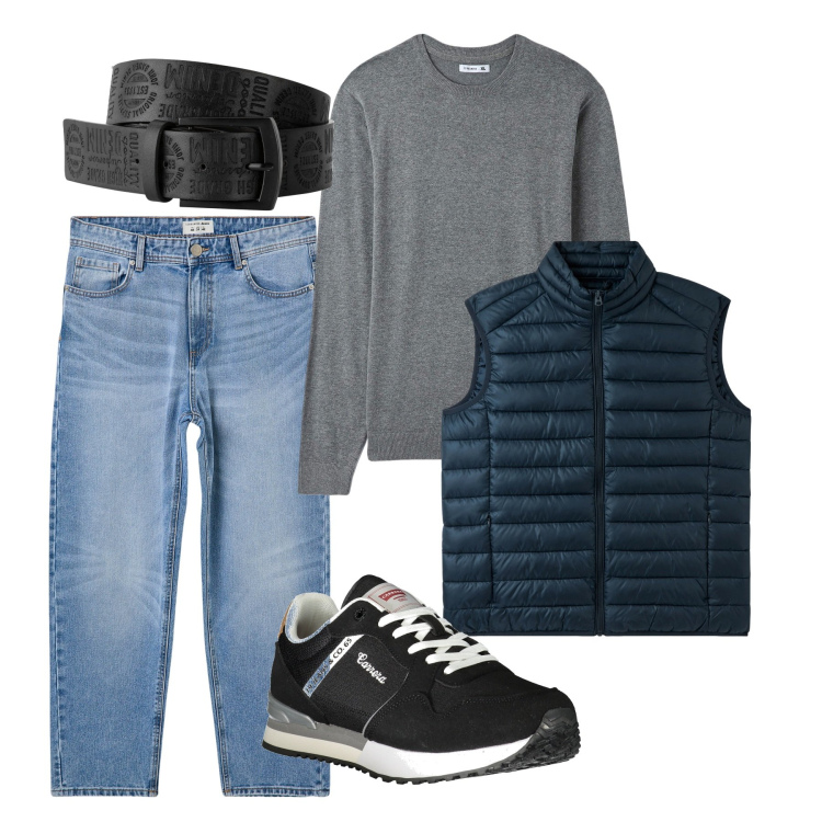 Outfit uomo - Blu e grigio. Stile Urban per Tutti i giorni. Abbinamento con cinture, maglieria, jeans, gilet, sneakers.