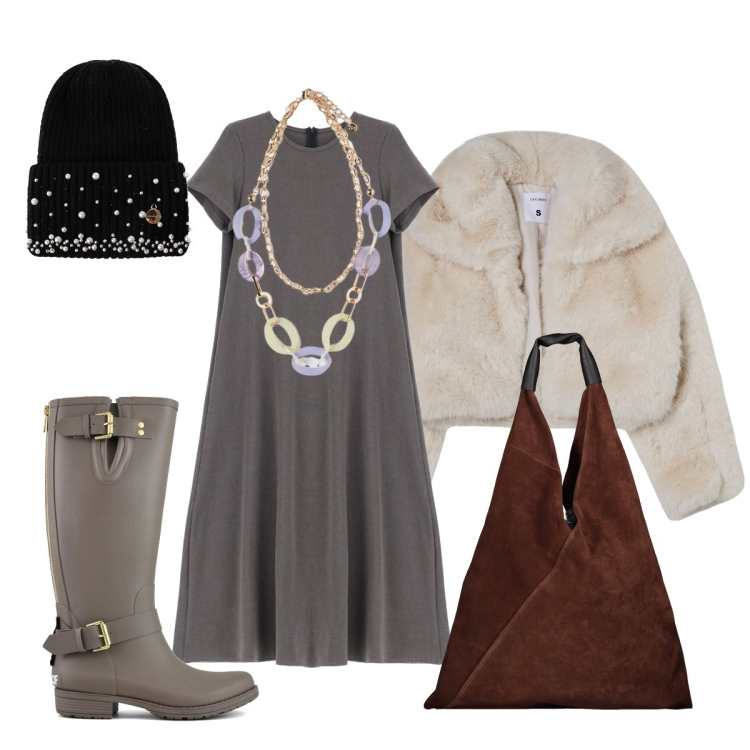 Outfit donna - La giacca di pelo ecologica. Stile Minimal per Tutti i giorni. Abbinamento con blazer, berretti, vestiti midi/longuette, stivali, ciondoli, borse a spalla.