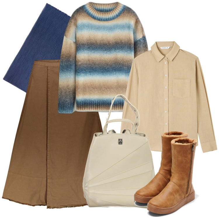 Outfit donna - Melange. Stile Bon Ton per Tutti i giorni. Abbinamento con stivali, maglieria, camicie, gonne lunghe, stole, zaini.