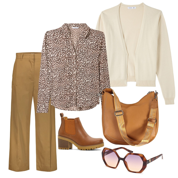 Outfit donna - Cardigan e camicia animalier. Stile Casual chic per Tutti i giorni. Abbinamento con stivaletti chelsea, camicie, cardigans, pantaloni, borse a spalla, occhiali da sole.