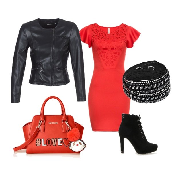 Outfit donna - Rosso di sera. Stile Rock per Serata fuori. Abbinamento con vestiti, giacca nero, stivaletti nero, bracciale, borsetta rosso.