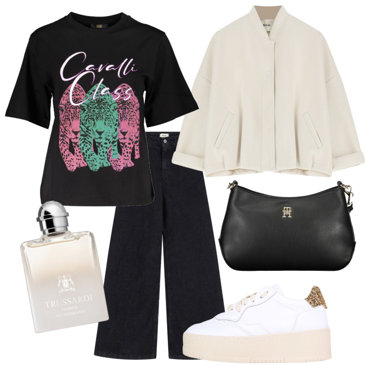 Outfit donna - Autunno 24. Stile Trendy per Tutti i giorni. Abbinamento con profumi, sneakers, bomber, jeans, borse a tracolla, t-shirt.