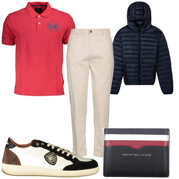Outfit uomo - Total look #1976747. Stile Trendy per Tutti i giorni. Abbinamento con pantaloni chino, giacche, portafogli, polo, sneakers.