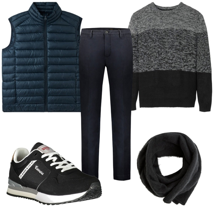 Outfit uomo - Total look #1976749. Stile Trendy per Tutti i giorni. Abbinamento con maglieria, sciarpe e foulard, gilet, pantaloni, sneakers.