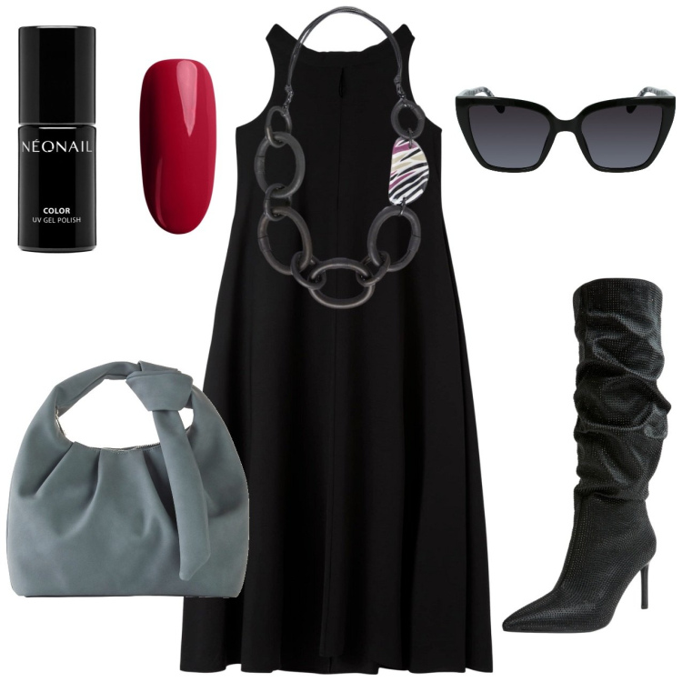 Outfit donna - Occhiali neri. Stile Casual chic per Serata fuori. Abbinamento con borse a mano, smalti, vestiti senza maniche, stivali, collane, occhiali da sole.