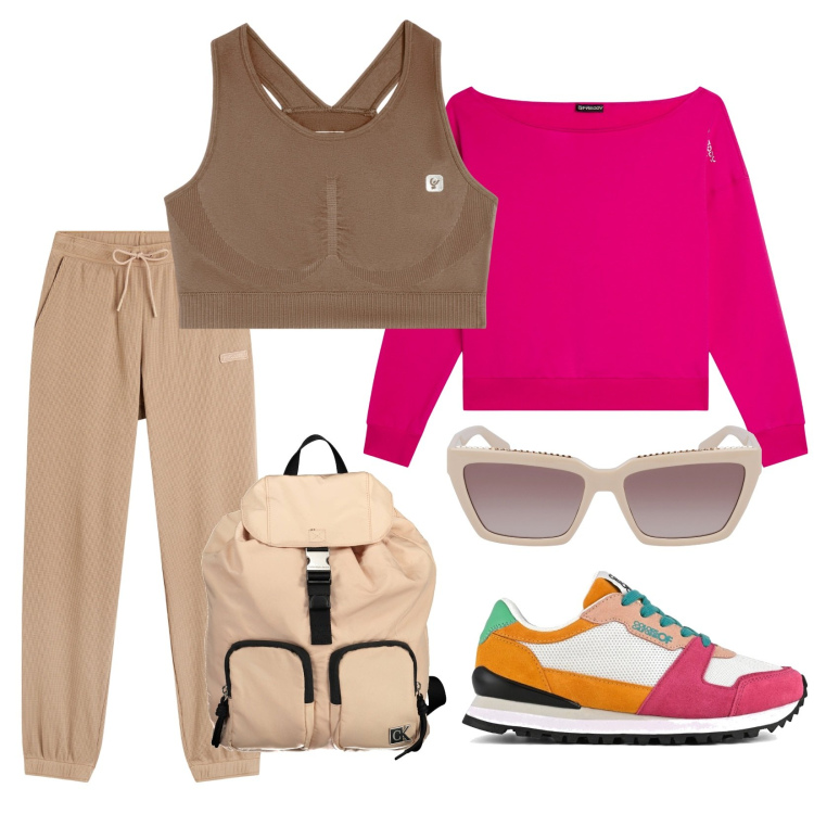 Outfit donna - Total look #1976757. Stile Casual per Sport. Abbinamento con pantaloni sportivi, reggiseni, felpe, scarpe sportive, occhiali da sole, zaini.