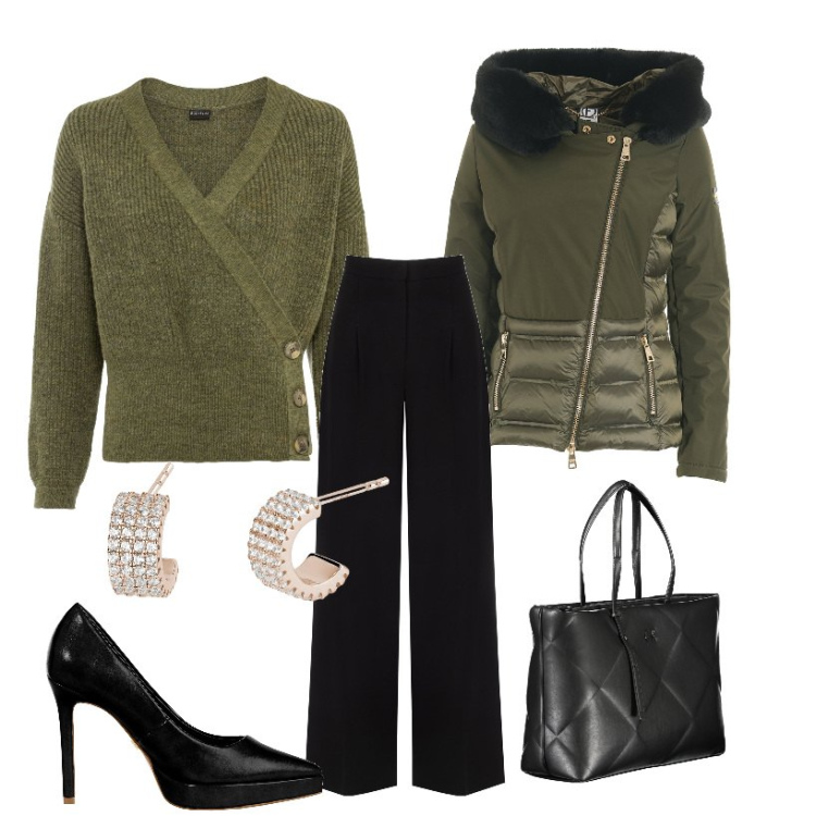 Outfit donna - Verde. Stile Casual chic per Ufficio. Abbinamento con maglieria, orecchini, pantaloni a palazzo, décolleté, blazer, borse a spalla.