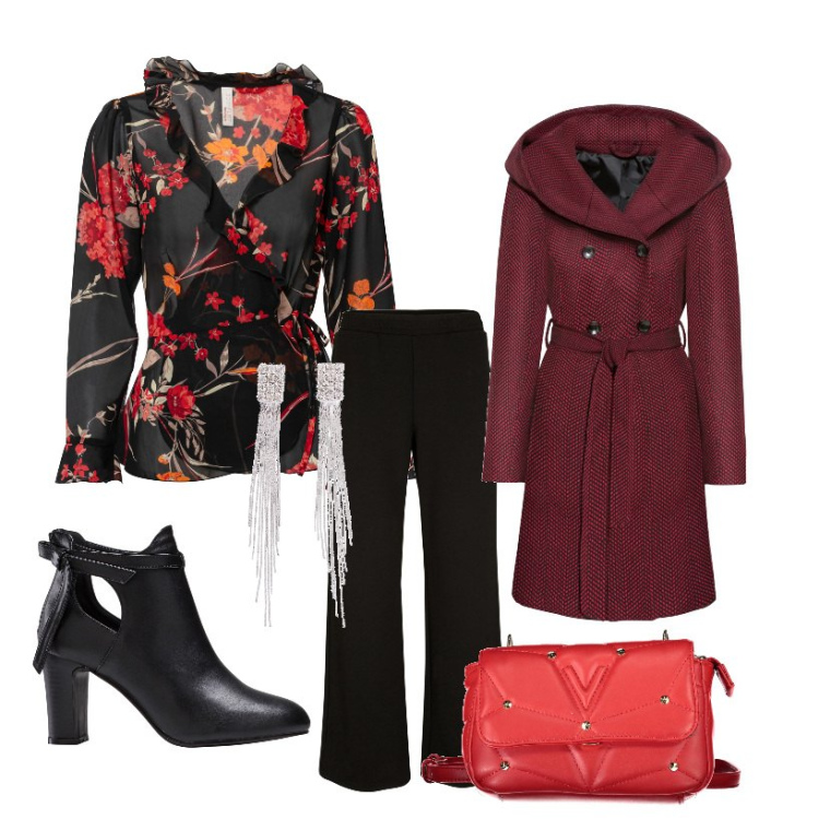 Outfit donna - Rosso. Stile Chic per Serata fuori. Abbinamento con cappotti, orecchini, bluse, pantaloni a palazzo, stivaletti, borse a tracolla.