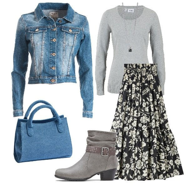 Outfit donna - Urban. Stile Urban per Ufficio. Abbinamento con stivaletti, maglieria, gonne lunghe, borse a tracolla, collane, blazer.